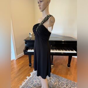 NWT Party Holiday Wedding Calvin Klein Black Jersey Jeweled One Shoulder Dress